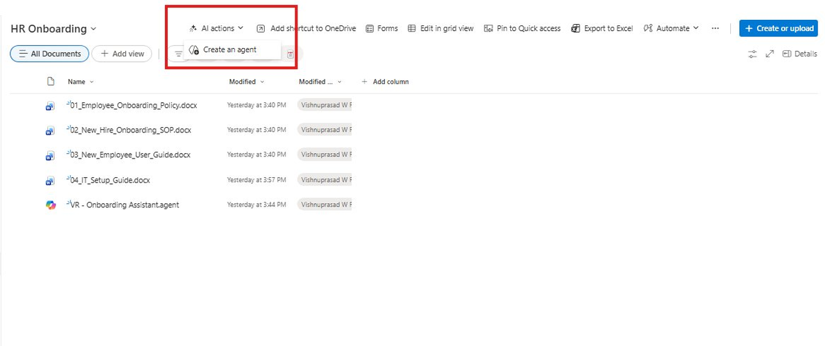 AI actions dropdown with Create an agent highlighted in red