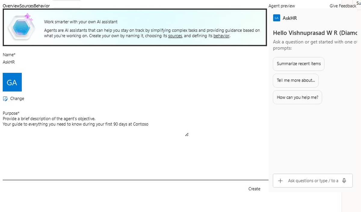 Overview tab with AskHR name, purpose, and Agent preview panel