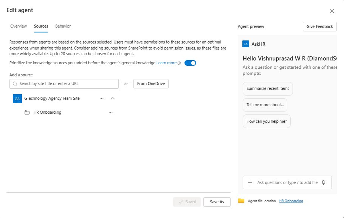 Sources tab showing HR Onboarding library selected with prioritize toggle enabled