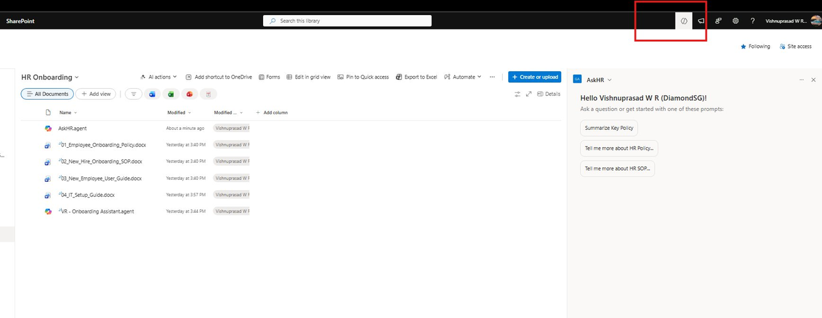 AskHR agent panel open in SharePoint with custom starter prompts