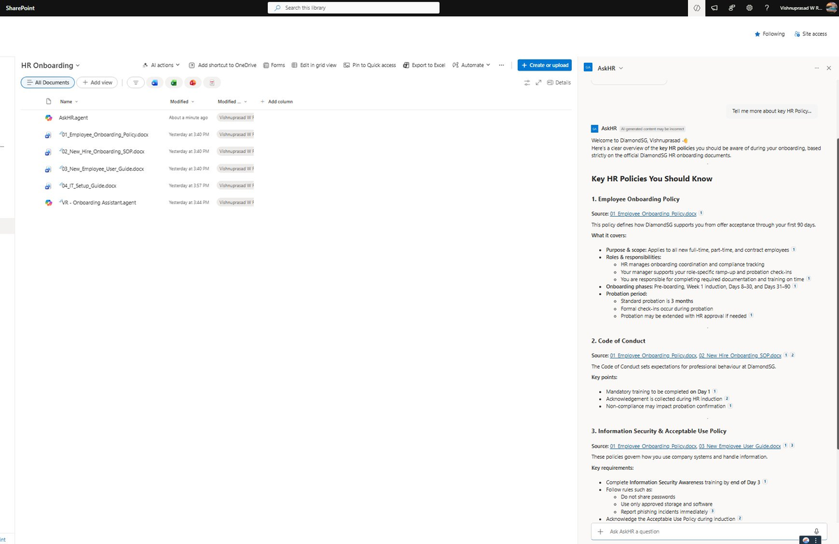 AskHR responding with a detailed policy summary citing multiple source documents