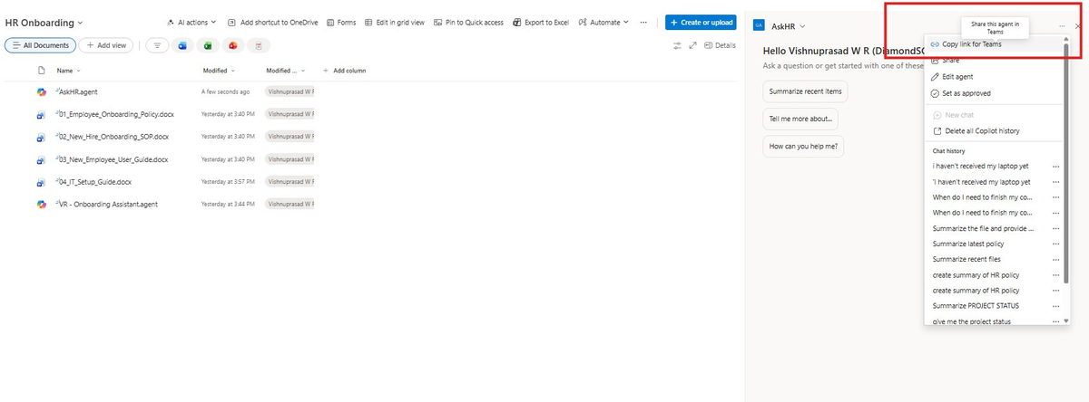Agent menu with Share, Edit agent, Set as approved, and Copy link for Teams options