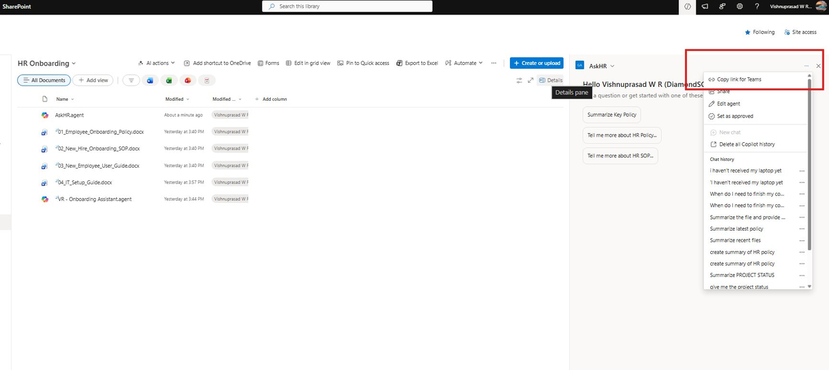 Agent menu showing Share this agent in Teams and Copy link for Teams options