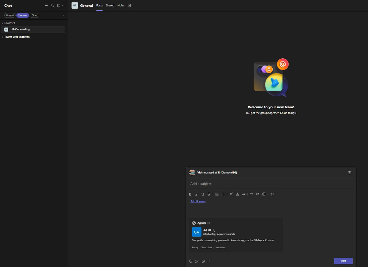 Sharing AskHR agent in a Teams channel via a post