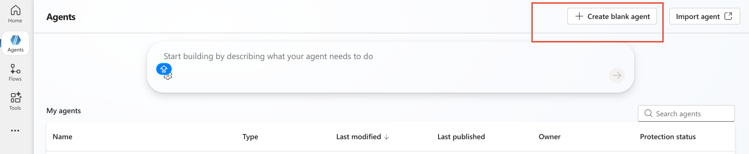 Copilot Studio agent SharePoint setup — Copilot Studio home, clicking New agent option