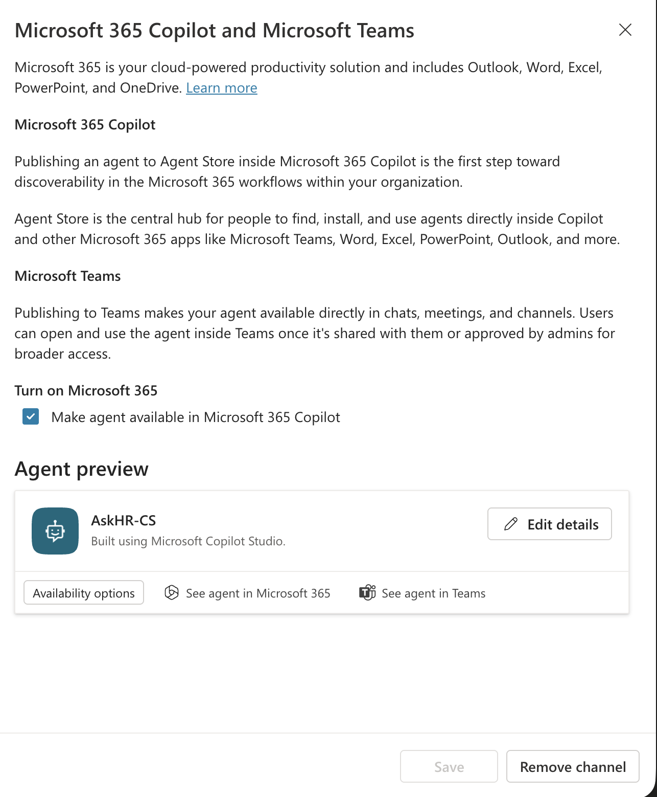 Copilot Studio agent SharePoint published confirmation screen