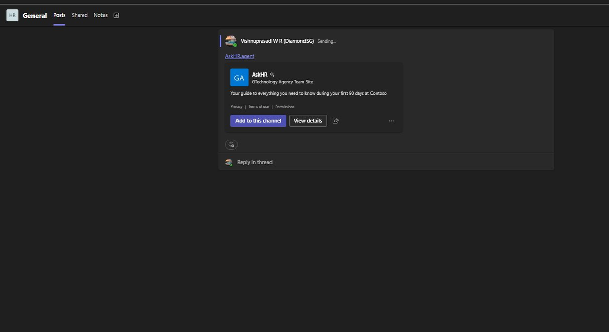 AskHR agent card posted in Teams with Add to this channel button