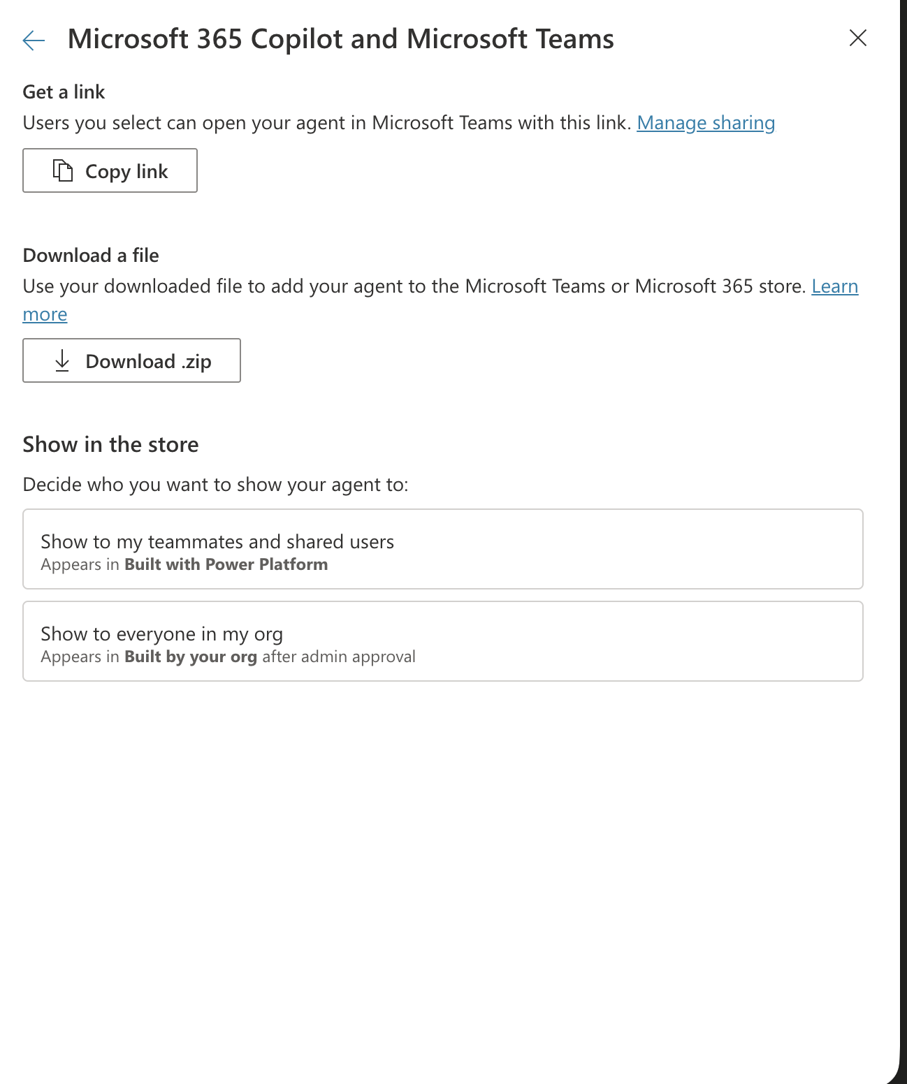 Availability options panel for Copilot Studio agent SharePoint deployment to Teams