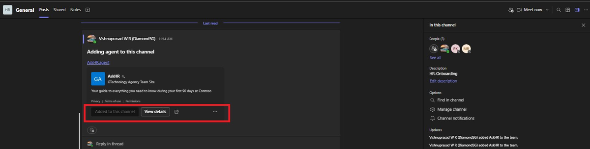 AskHR successfully added to the Teams channel with confirmation