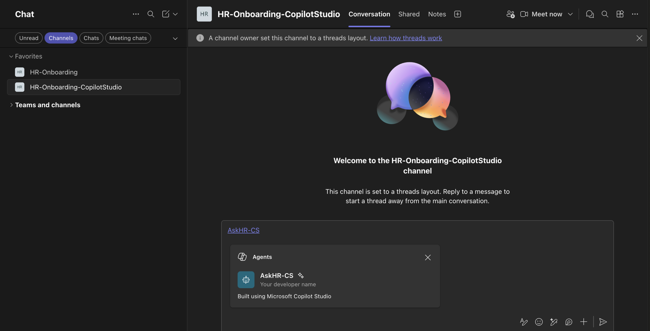 Teams channel — Copilot Studio agent SharePoint link pasted in message box