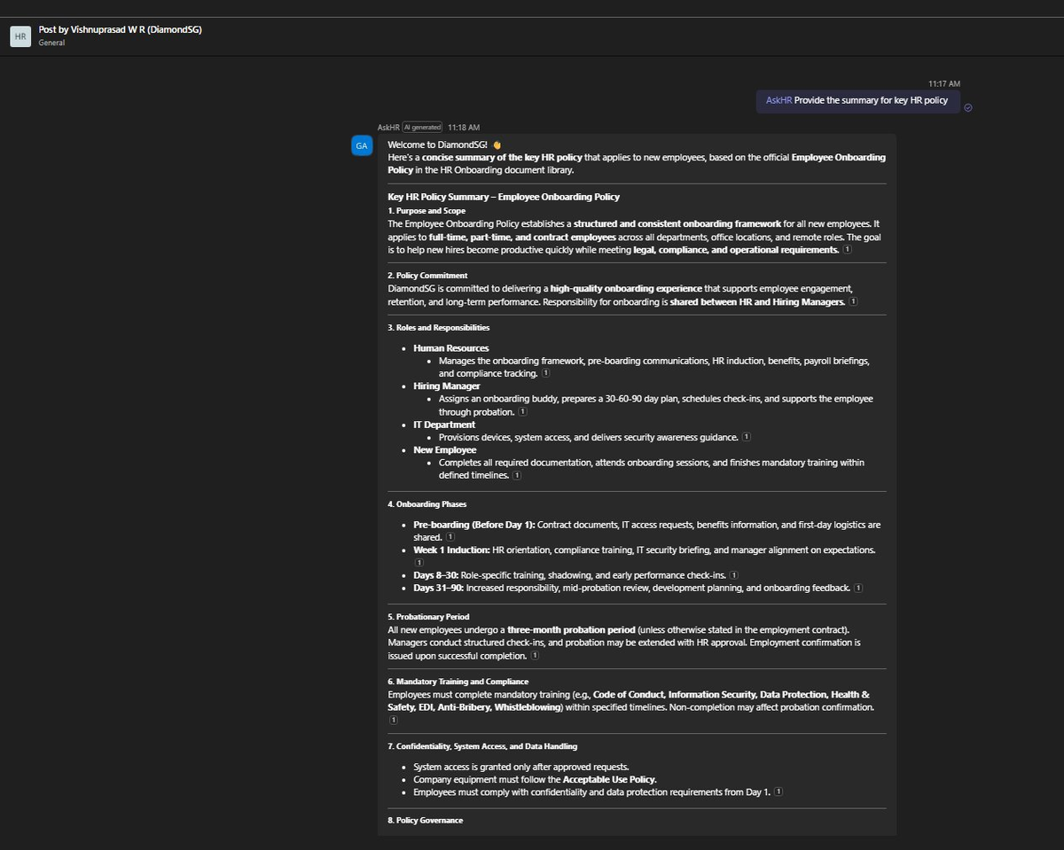 AskHR responding to a policy question in Microsoft Teams with detailed cited answer