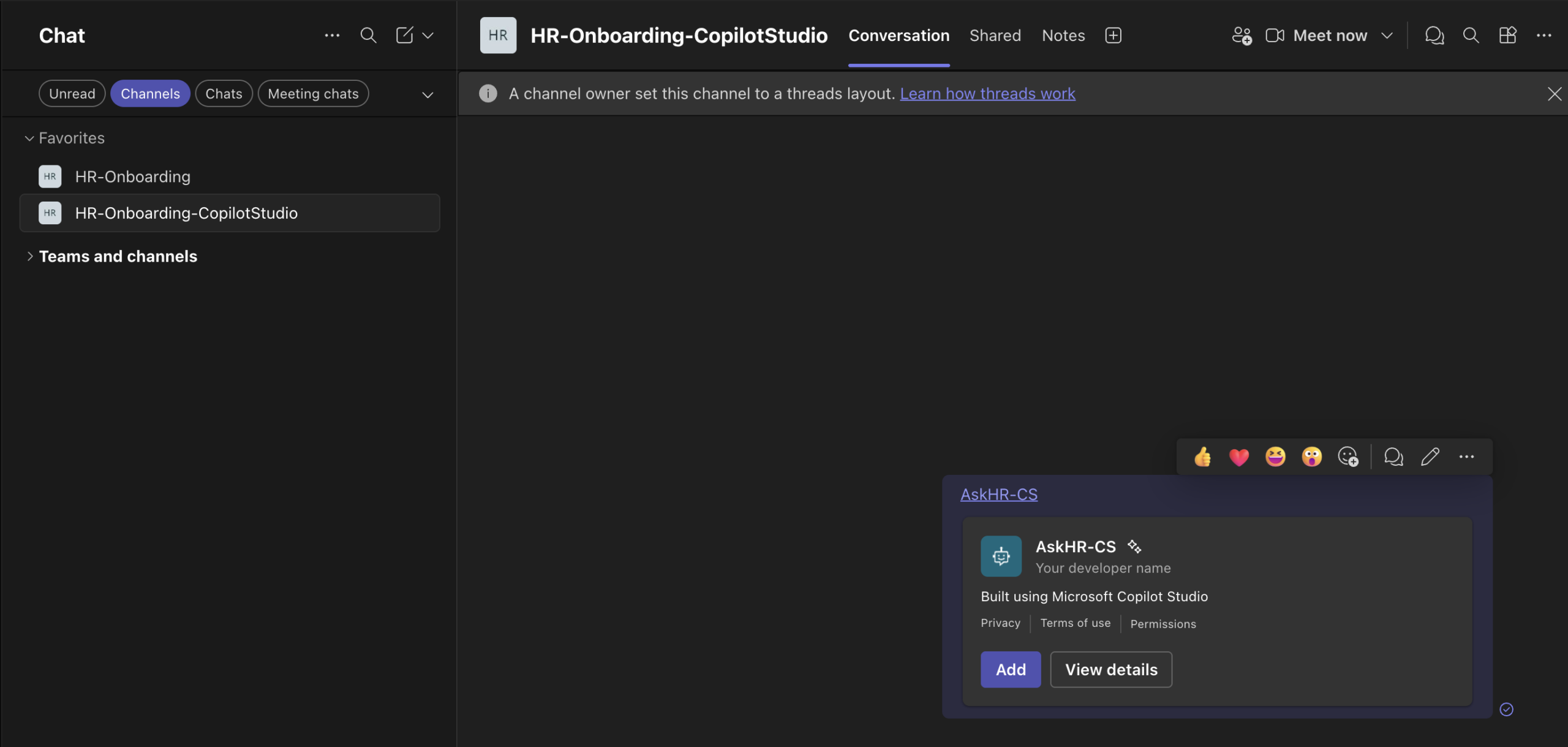 Teams Add agent confirmation dialog for Copilot Studio agent