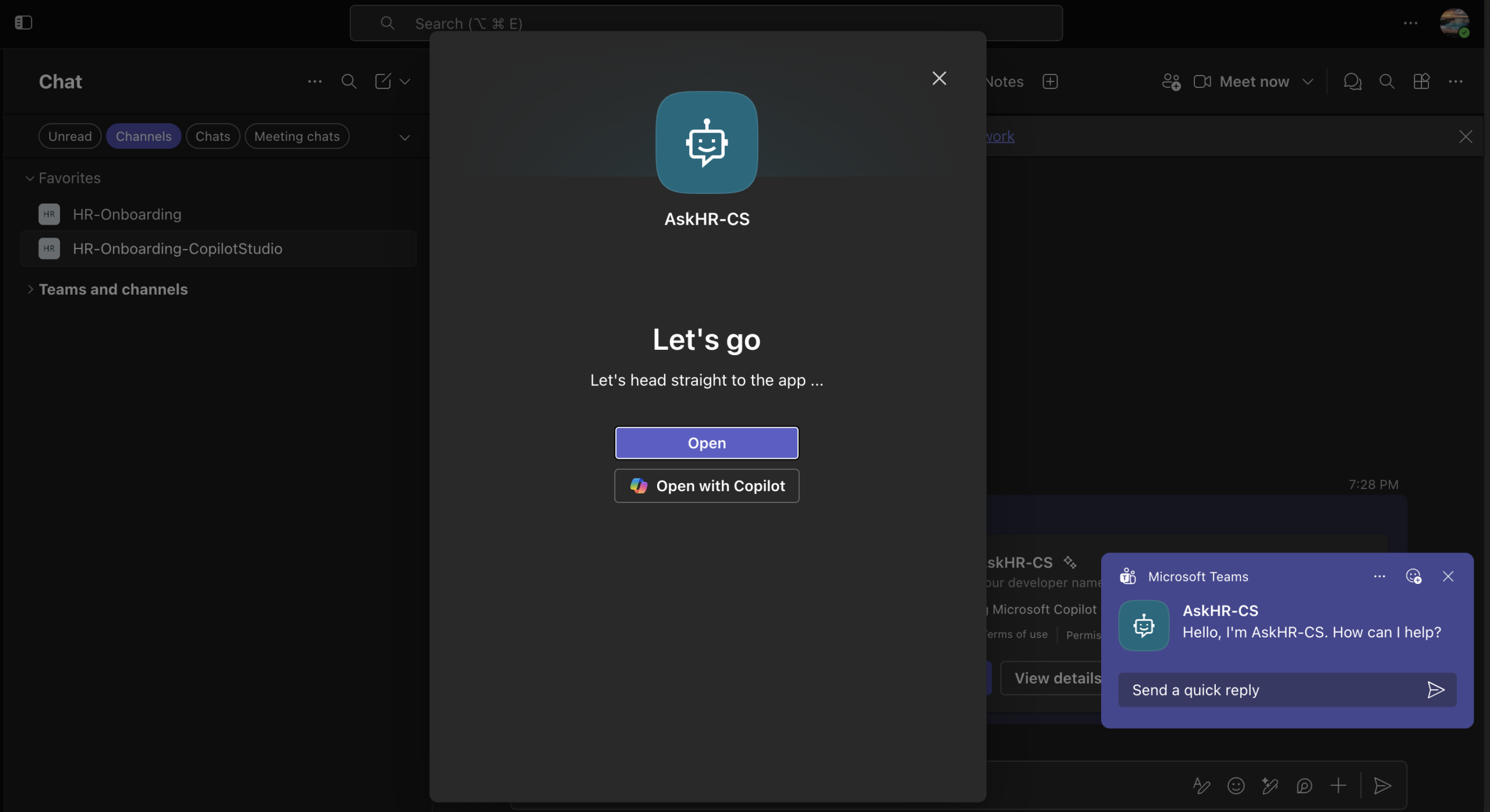 Teams — Copilot Studio agent SharePoint installed, Open button visible
