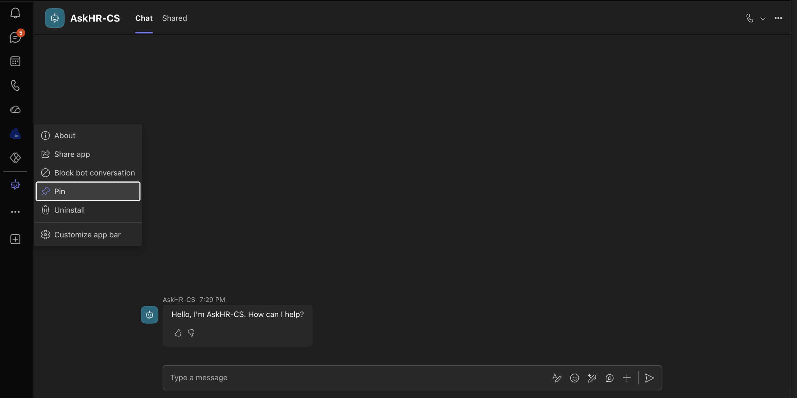 Teams pin agent option for persistent Copilot Studio agent access