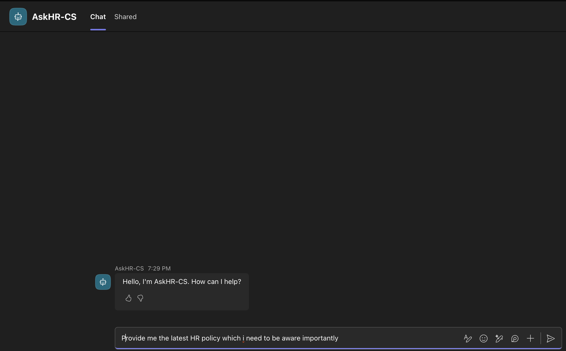 Teams — user entering a query to the Copilot Studio agent