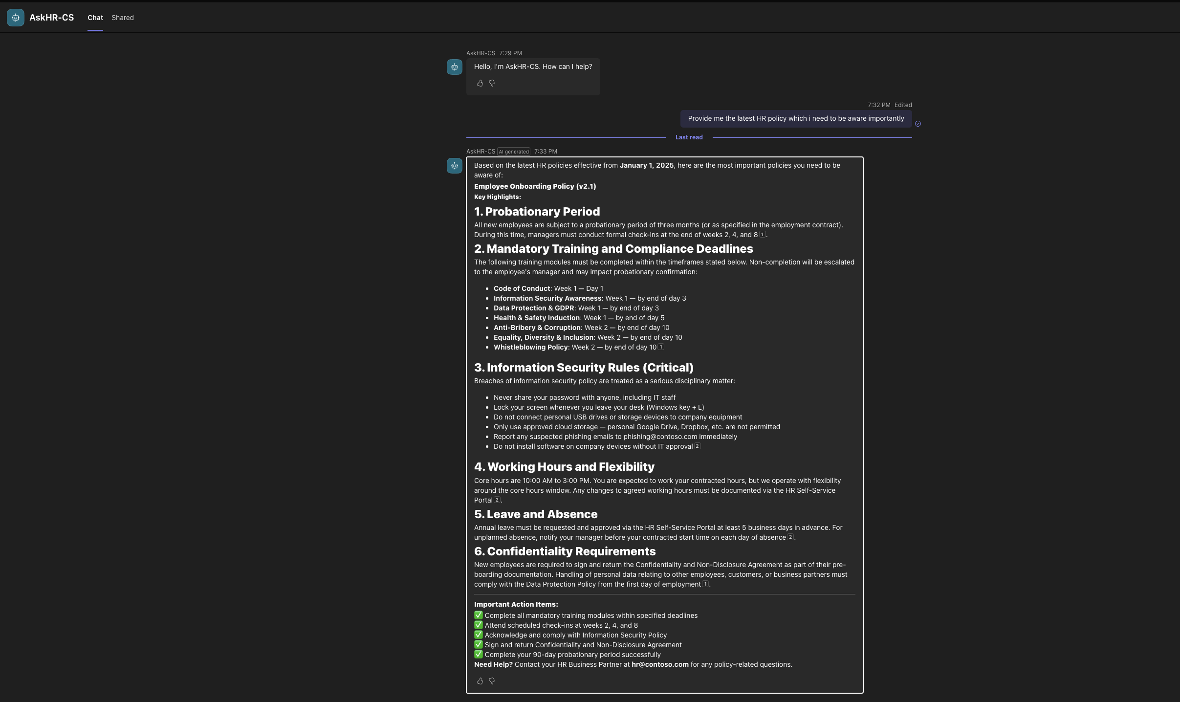 Teams — Copilot Studio agent responding with cited answer from SharePoint