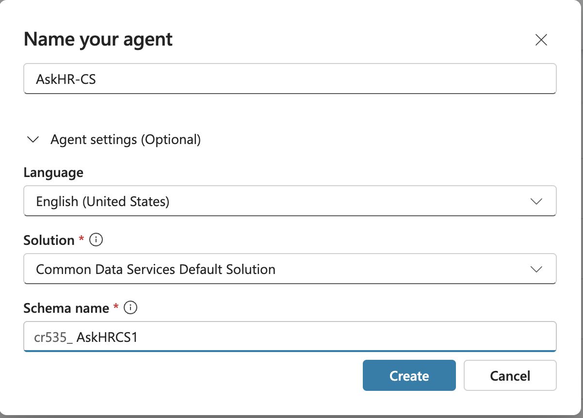 Copilot Studio agent SharePoint creation dialog — entering the agent name