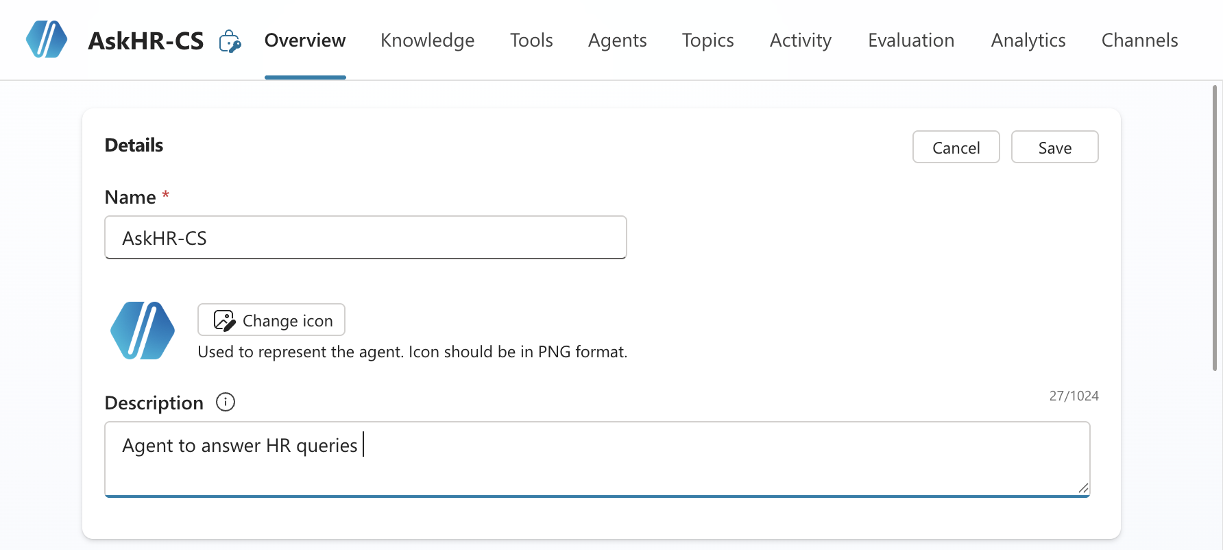 Copilot Studio Overview tab — agent name and description fields filled in