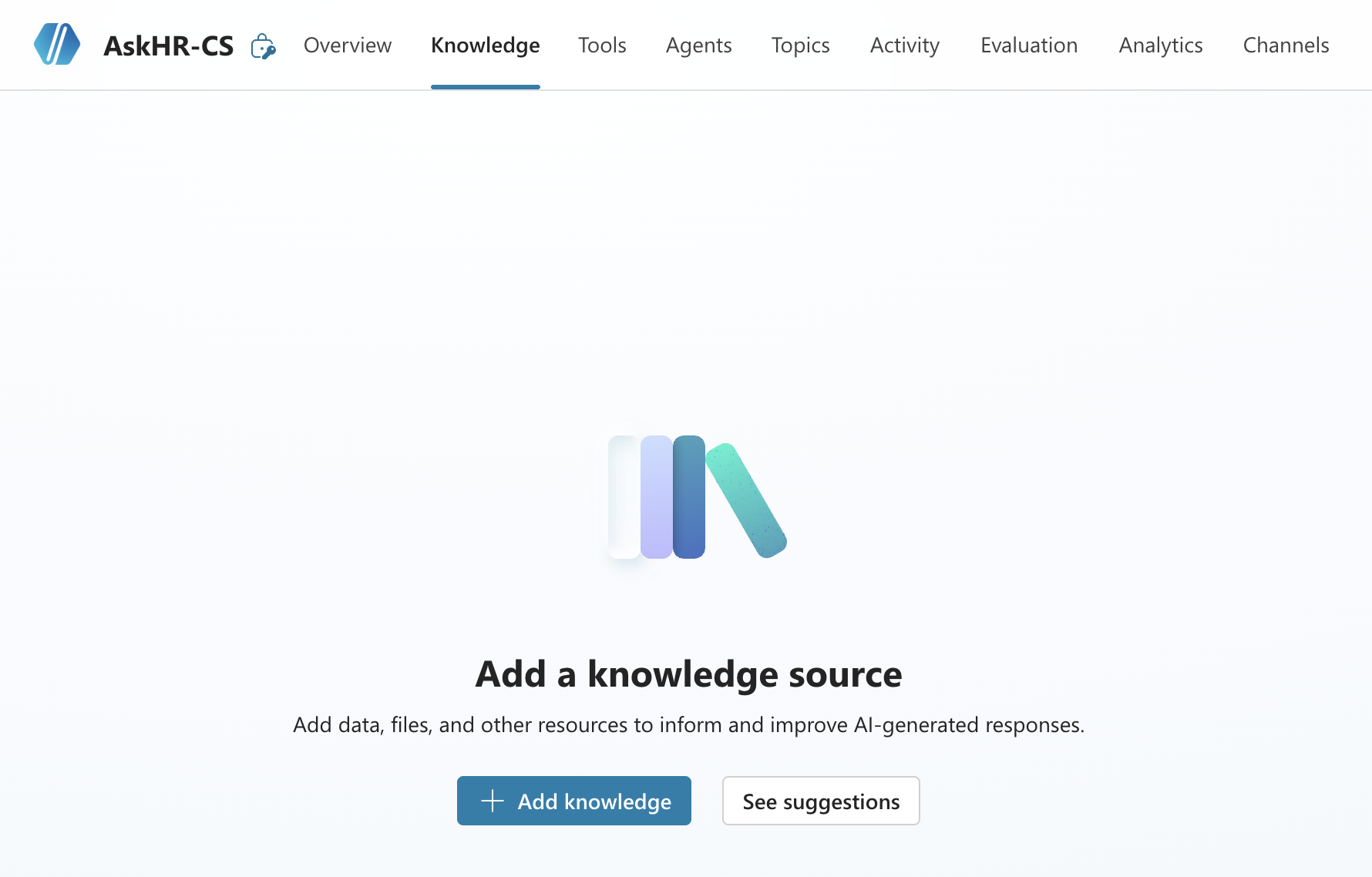 Copilot Studio Overview panel — Add knowledge button visible in the Knowledge section