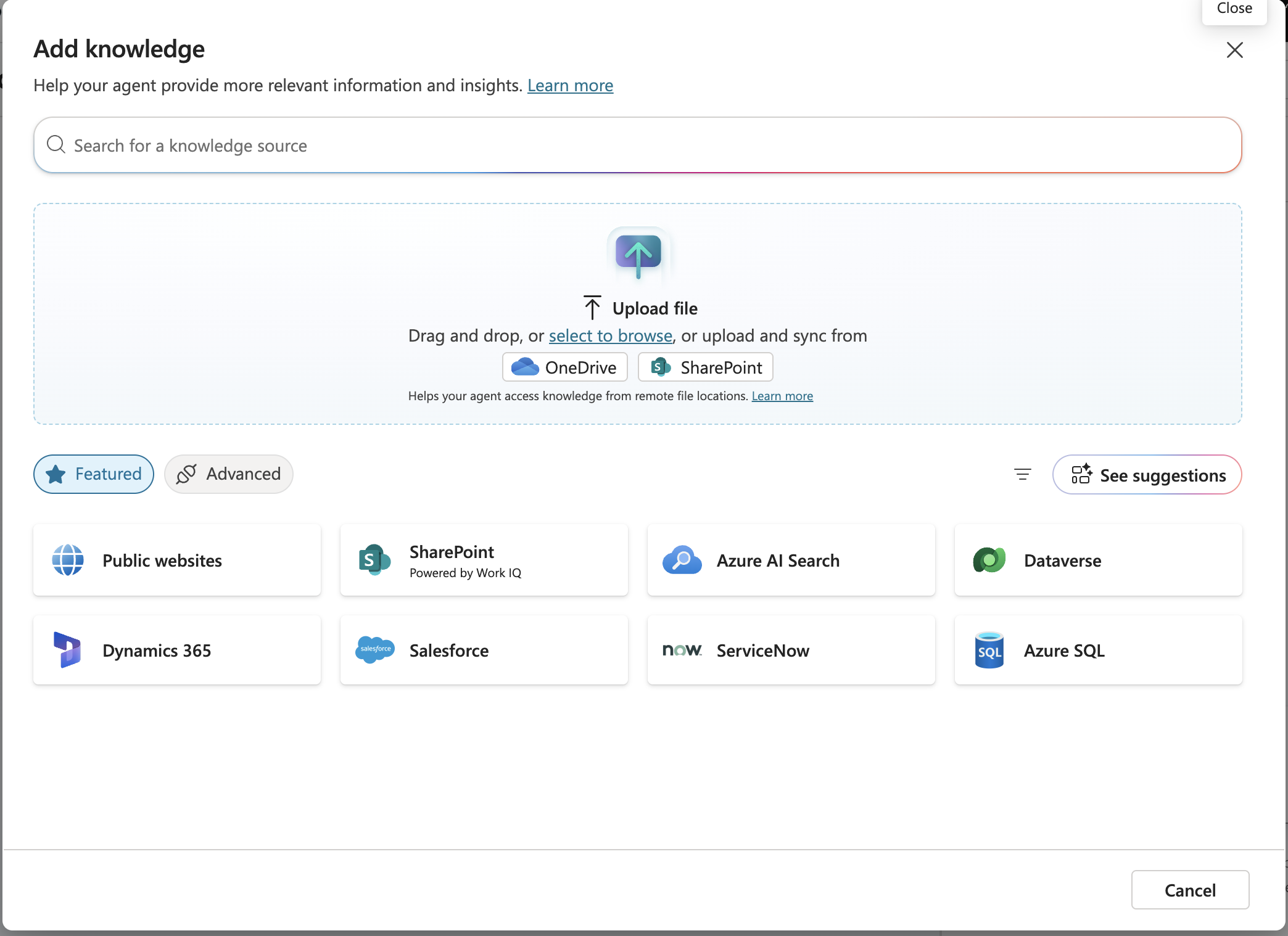 Knowledge source picker — SharePoint option selected for Copilot Studio agent