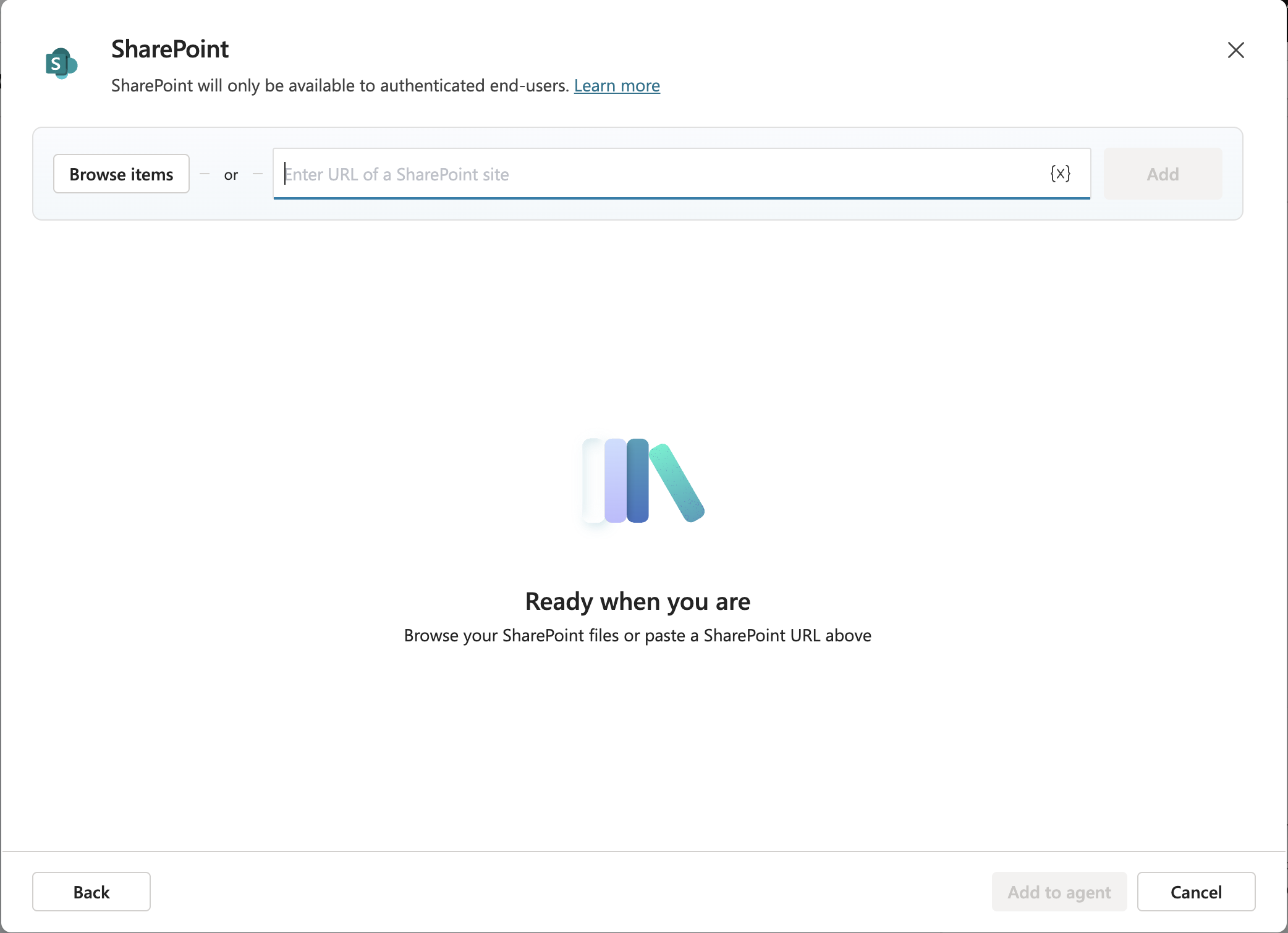 SharePoint browser dialog — navigating to the document library for Copilot Studio