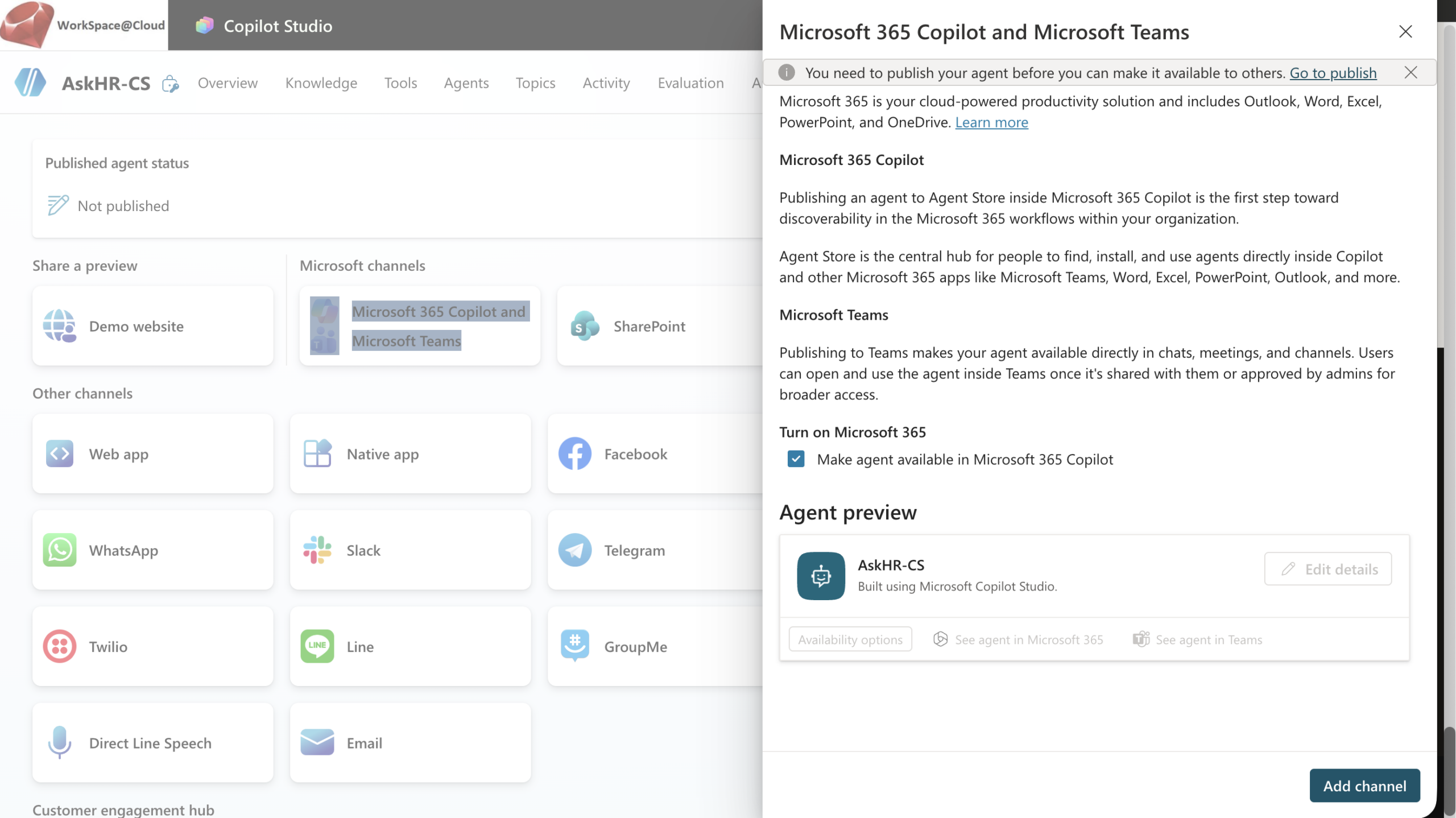 Channels tab — Microsoft Teams channel being added to Copilot Studio agent