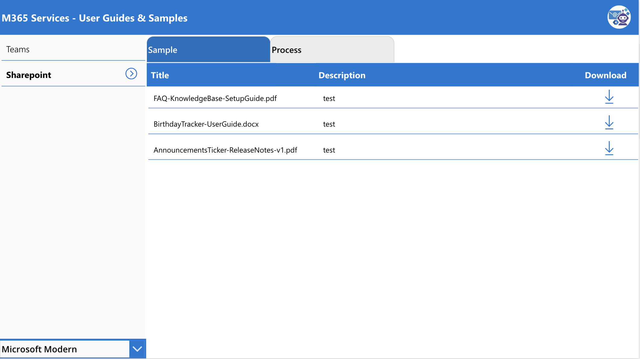 Power Apps document library after applying the Microsoft Modern blue theme showing the same layout in corporate blue