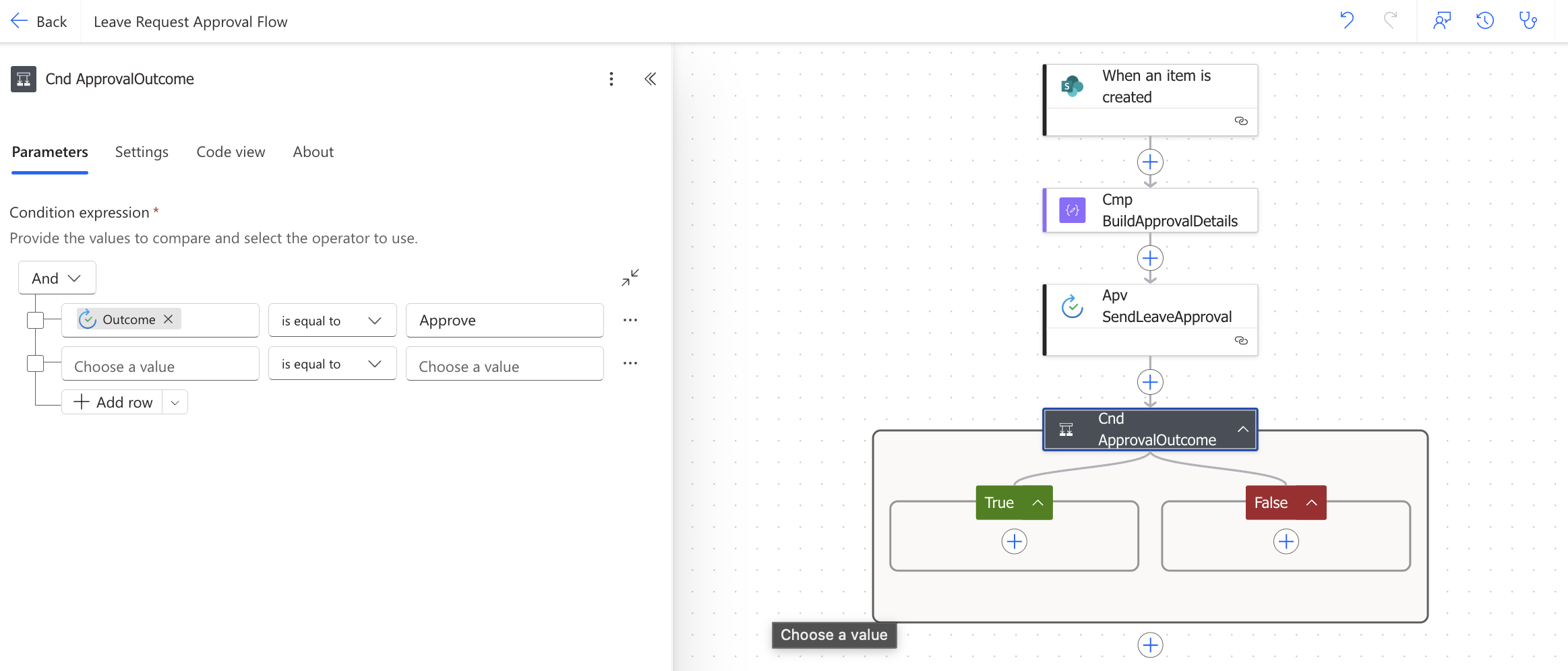 Power Automate Cnd_ApprovalOutcome condition showing the Outcome dynamic content token on the left, is equal to operator in the middle, and the text Approve on the right