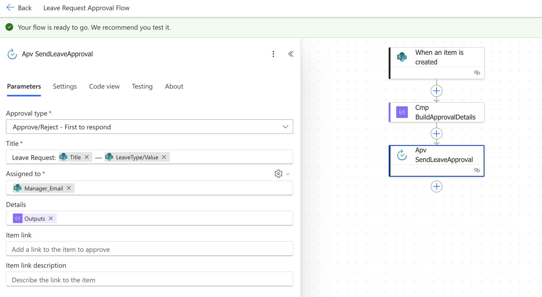 Power Automate Apv_SendLeaveApproval action showing Approval type Approve/Reject First to respond, Title with dynamic content tokens, Assigned to with Manager_Email token, and Details with Cmp_BuildApprovalDetails Outputs token