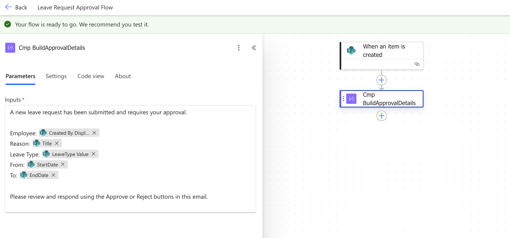 Power Automate Cmp_BuildApprovalDetails Compose action showing the approval message body with dynamic content tokens for Created By DisplayName, Title, LeaveType Value, StartDate, and EndDate