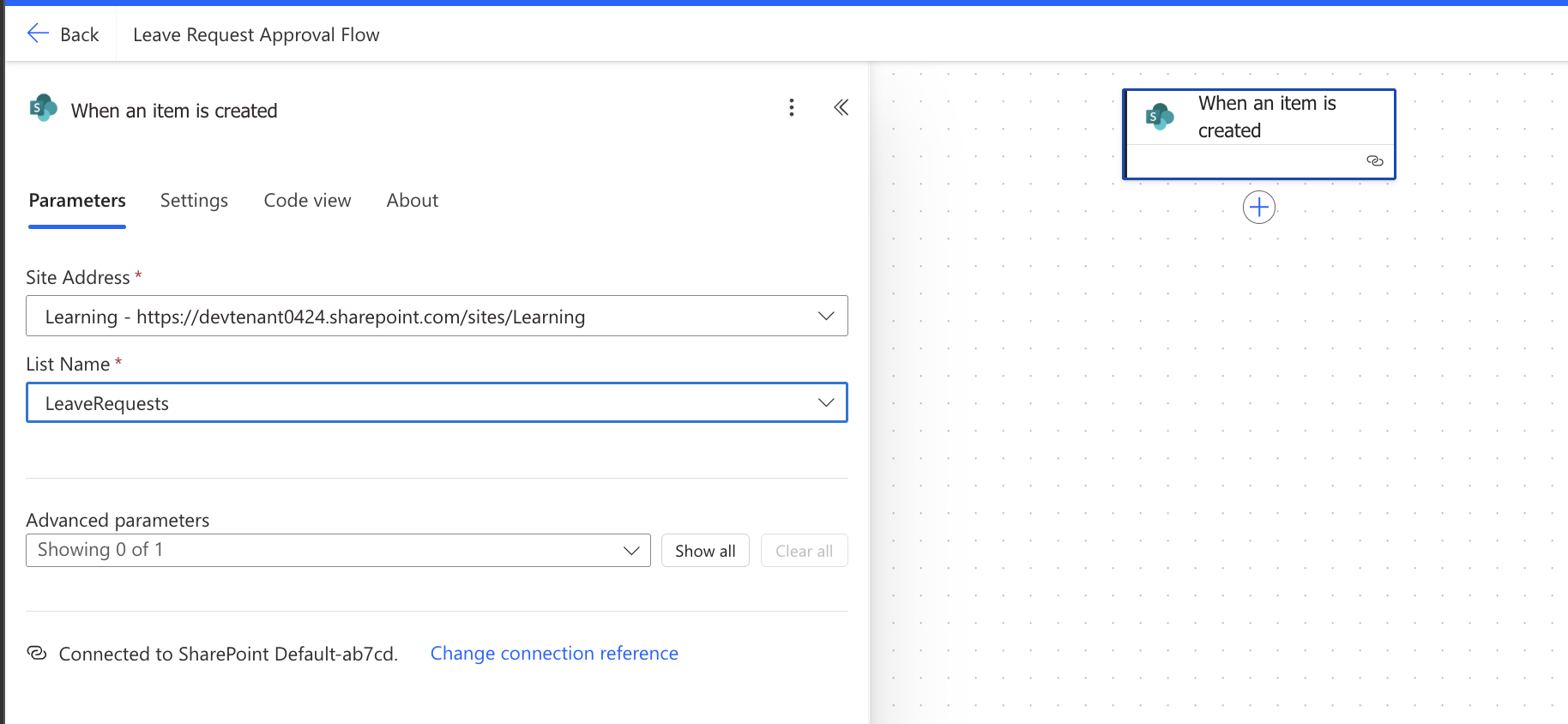 Power Automate When an item is created trigger card configured for the Power Automate approval flow SharePoint tutorial showing Site Address and List Name set to LeaveRequests