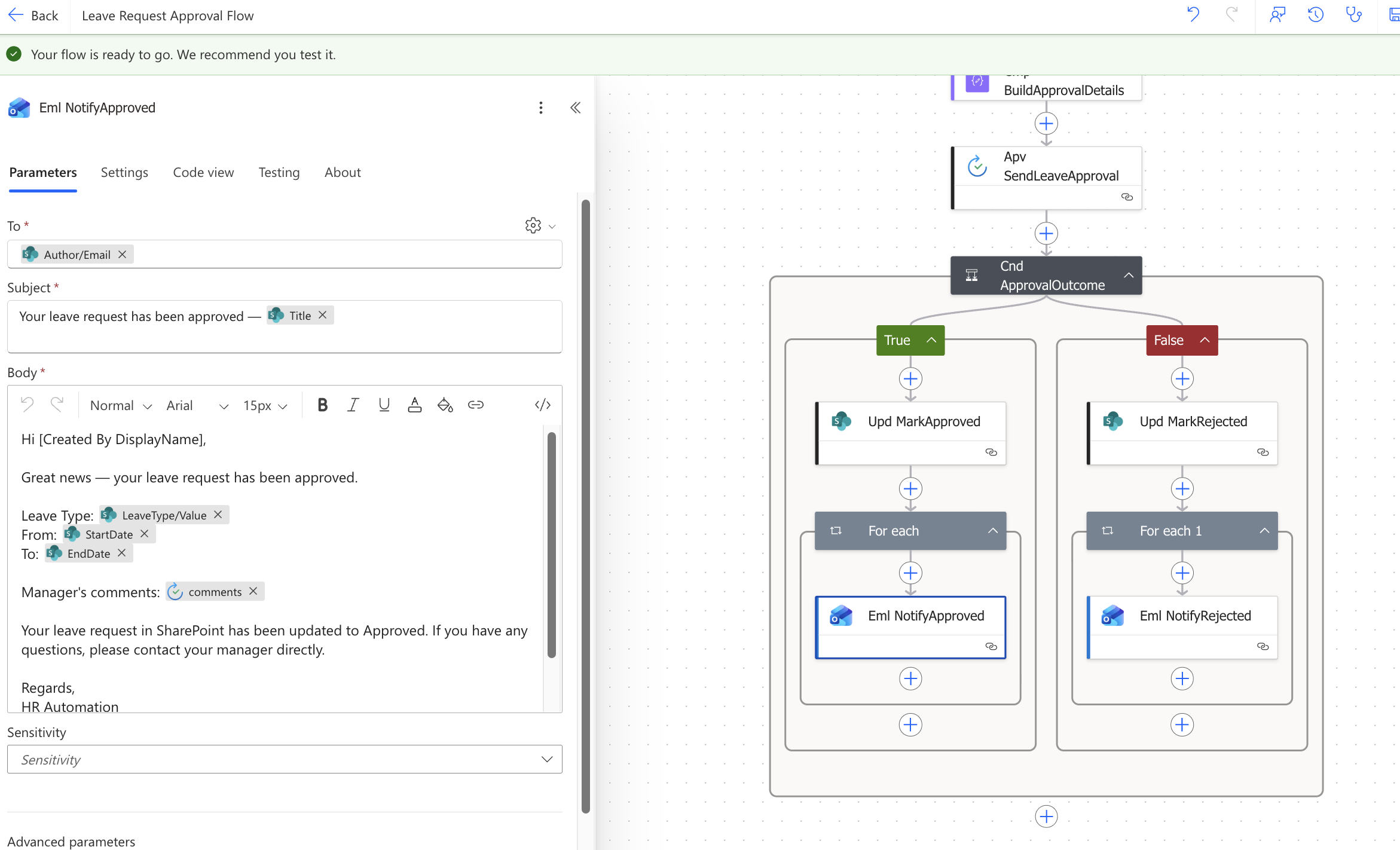 Power Automate Eml_NotifyApproved Office 365 Outlook Send an email V2 action showing the To field with Author/Email token, Subject line, and the approval notification email body with dynamic content tokens