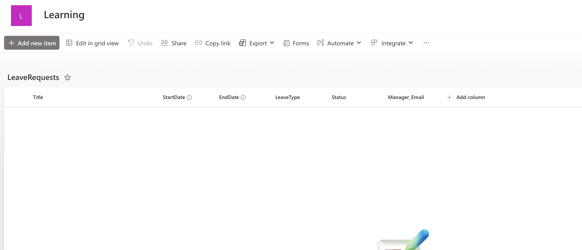 SharePoint LeaveRequests list used in the Power Automate approval flow SharePoint tutorial showing Title, StartDate, EndDate, LeaveType, Status, and Manager_Email columns