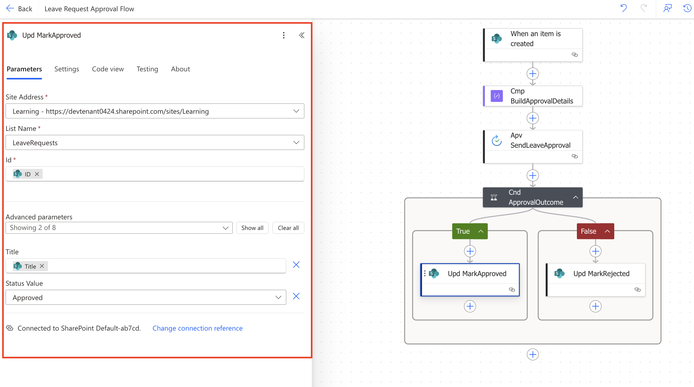 Power Automate Upd_MarkApproved SharePoint Update item action inside the True branch showing ID dynamic content token, Title token under Advanced parameters, and Status Value set to Approved