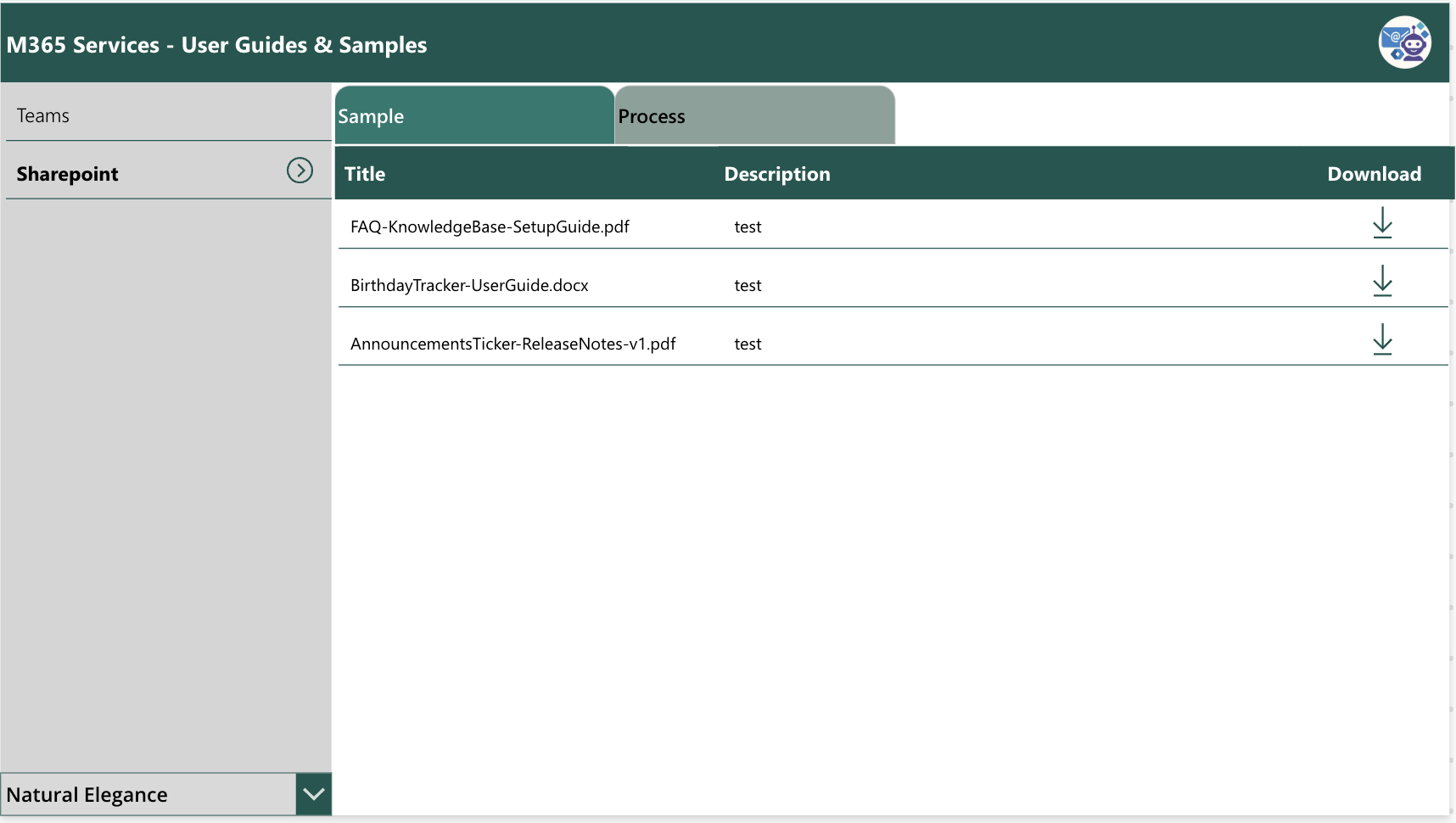 Power Apps document library main screen showing categories on the left, sub-category tabs on top, and document table with download icons