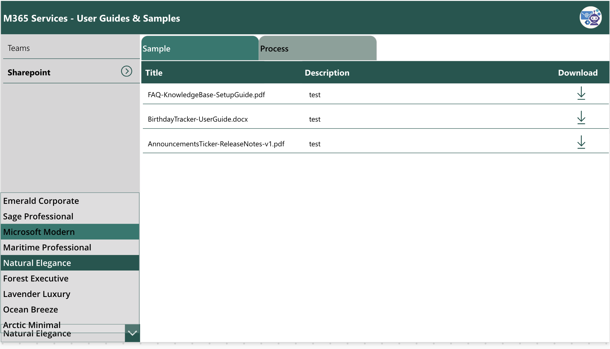 Power Apps document library theme selection dropdown showing nine theme options including Emerald Corporate, Microsoft Modern, and Natural Elegance