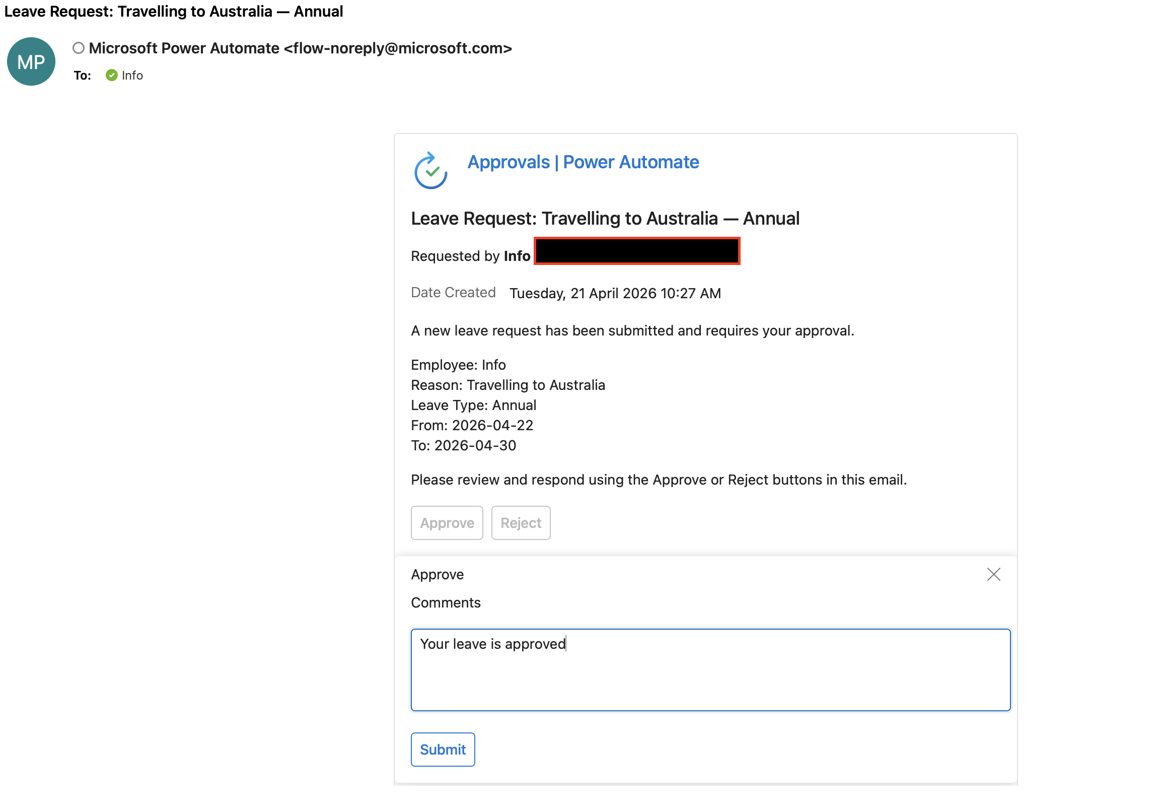Power Automate approval email received by the manager in Outlook showing the leave request title, employee details, Approve and Reject buttons, and a comments input field