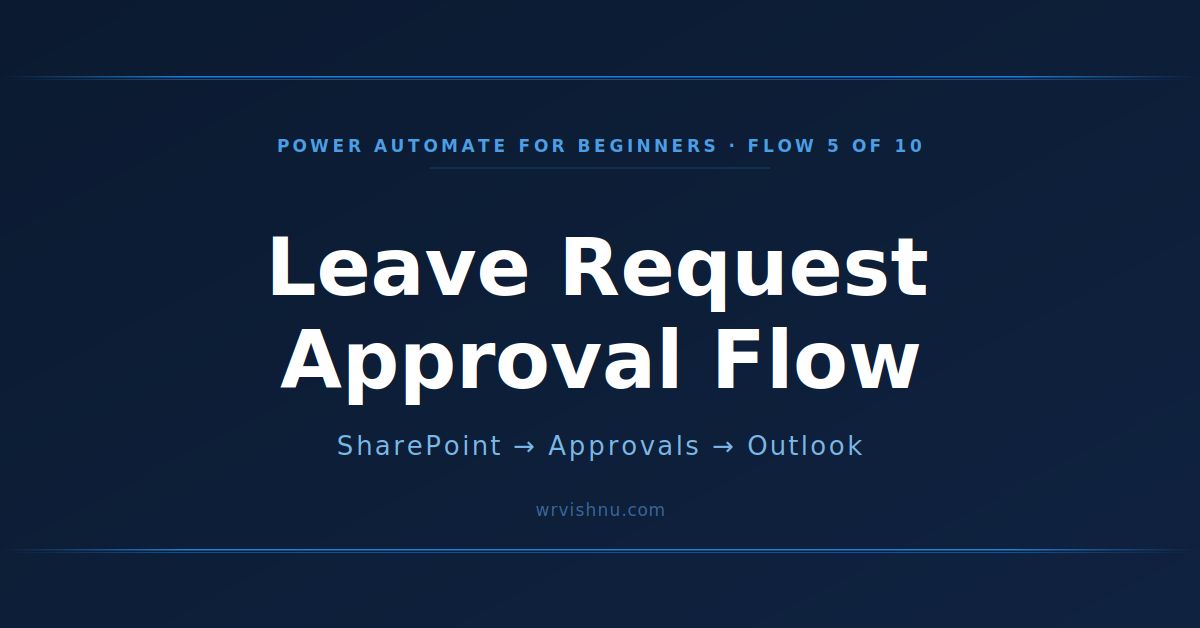 Featured Image Alt Text: Power Automate Leave Request Approval Flow — Flow 5 of the Power Automate for Beginners series on wrvishnu.com showing SharePoint trigger, Approvals connector, and Outlook email notification
