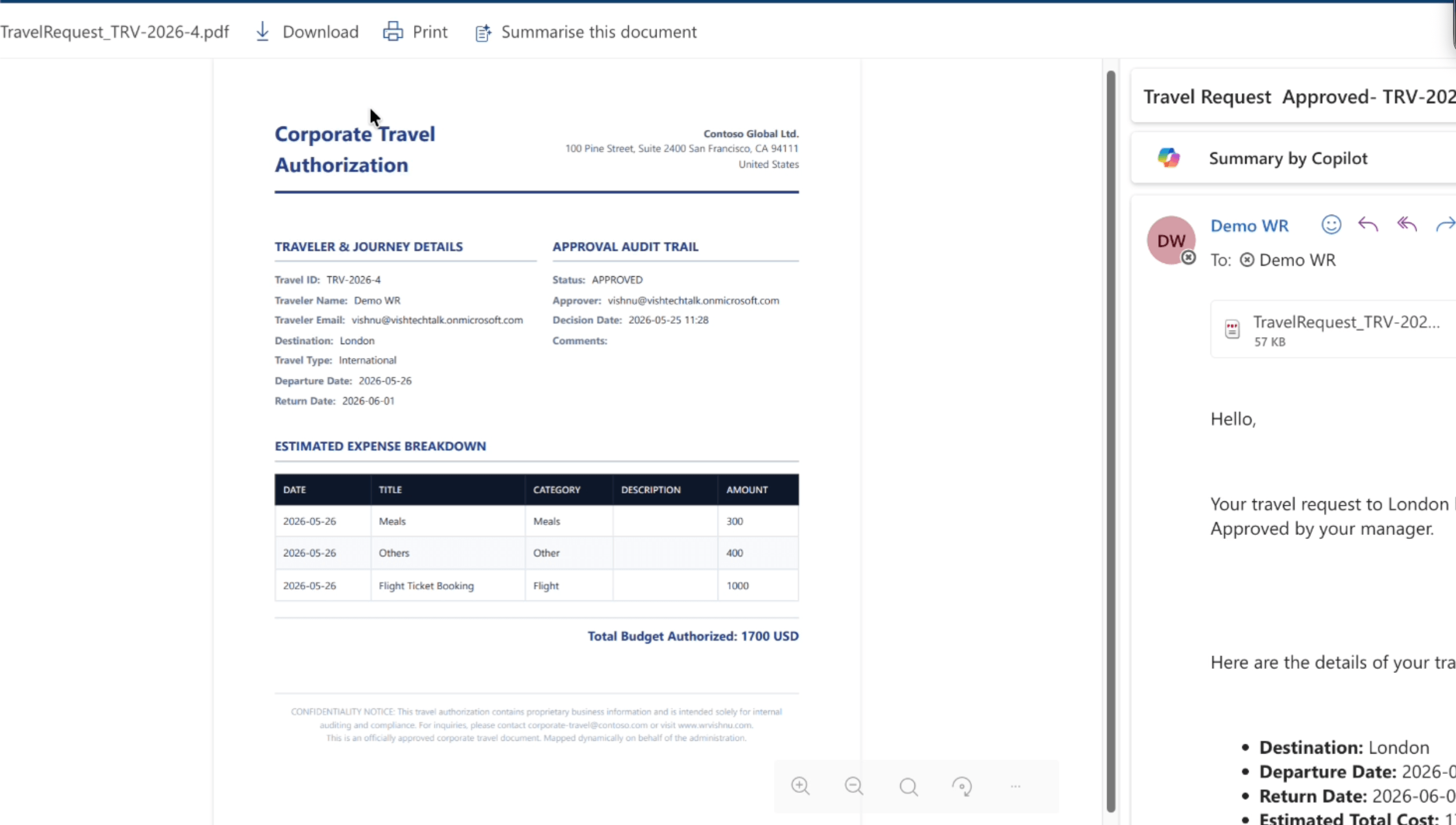 Generated PDF travel authorization report showing company branding header and itemized cost table
