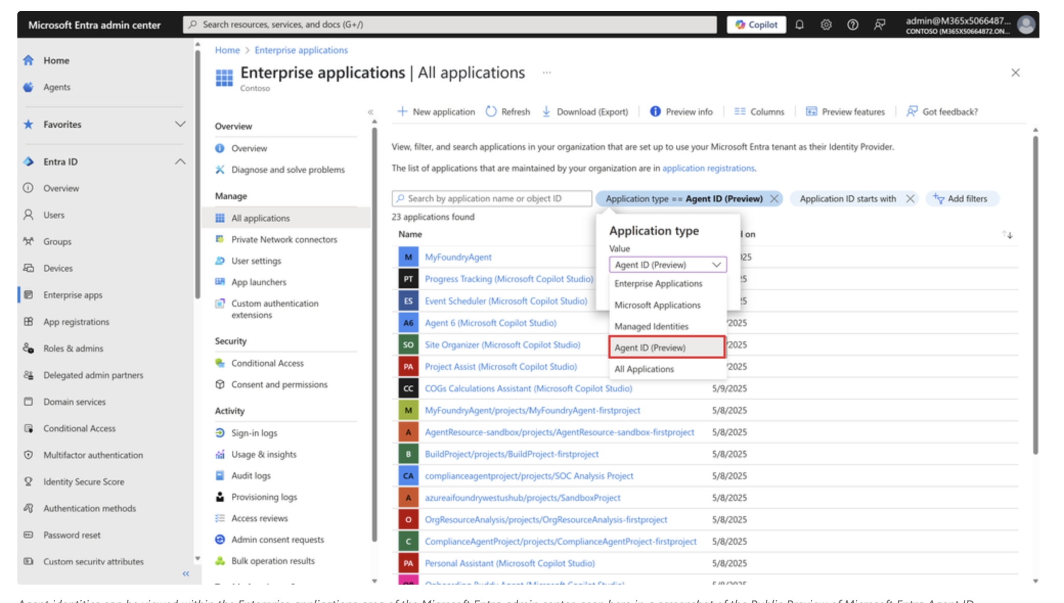 Microsoft Entra Agent ID enterprise applications view in the Microsoft Entra admin center showing the Agent ID Preview filter and registered agent identities from Copilot Studio and Azure AI Foundry