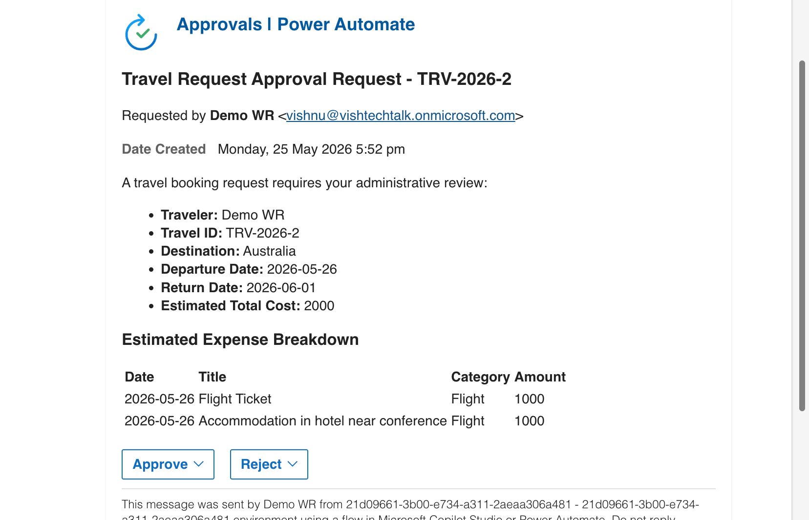 Outlook email notification showing itemized travel claim details sent after manager decision
