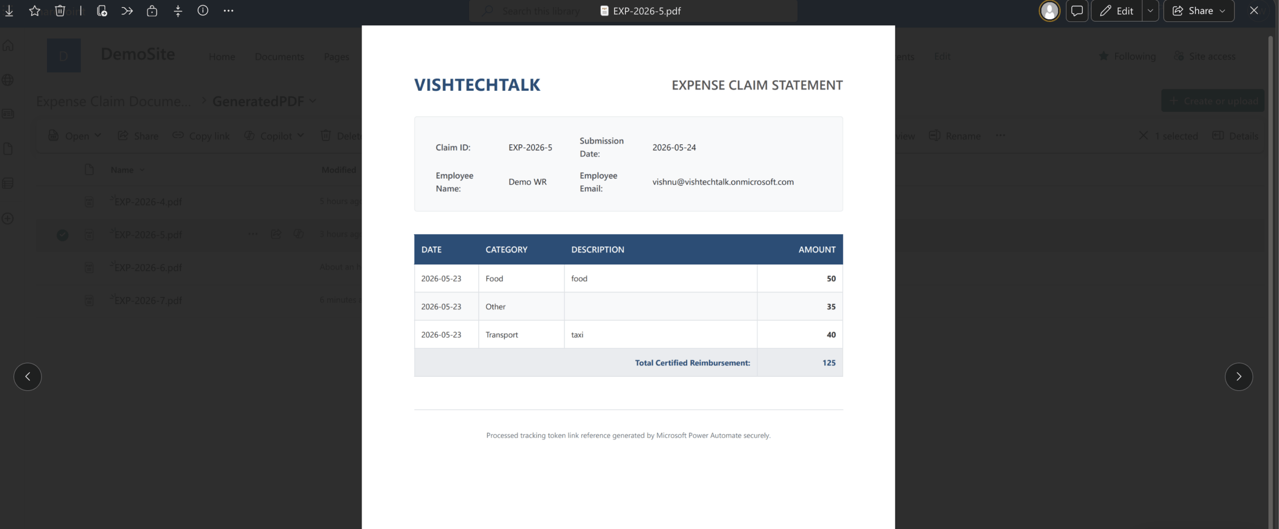 Sample generated PDF expense claim statement from SharePoint list to PDF workflow showing header metadata grid line items and footer