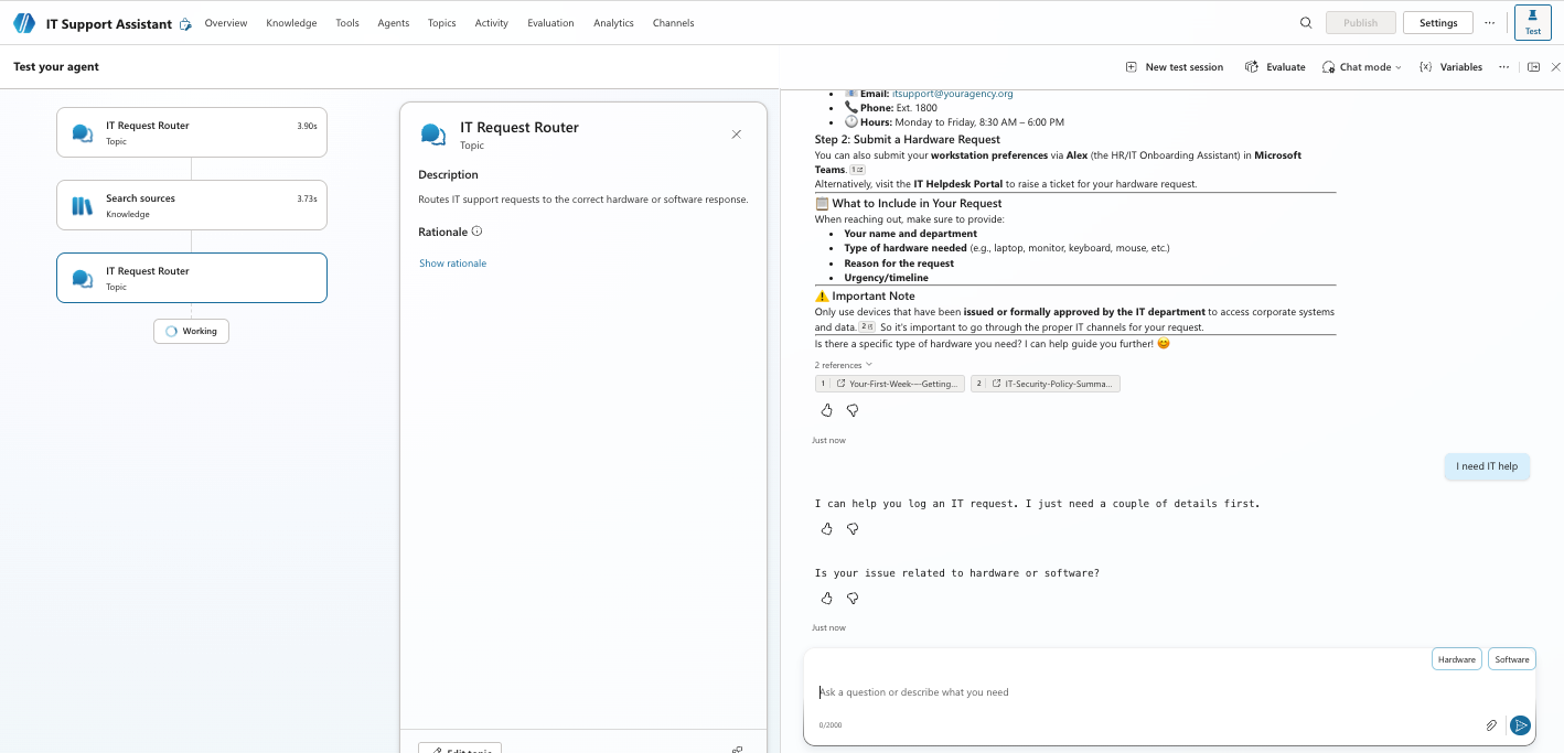 Copilot Studio topics test panel showing IT Request Router topic test results based on the user question 
