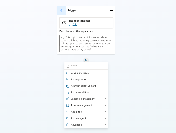 Copilot Studio topics canvas showing the Trigger node with Describe field filled in and the node menu open showing Send a message Ask a question and Add a condition options