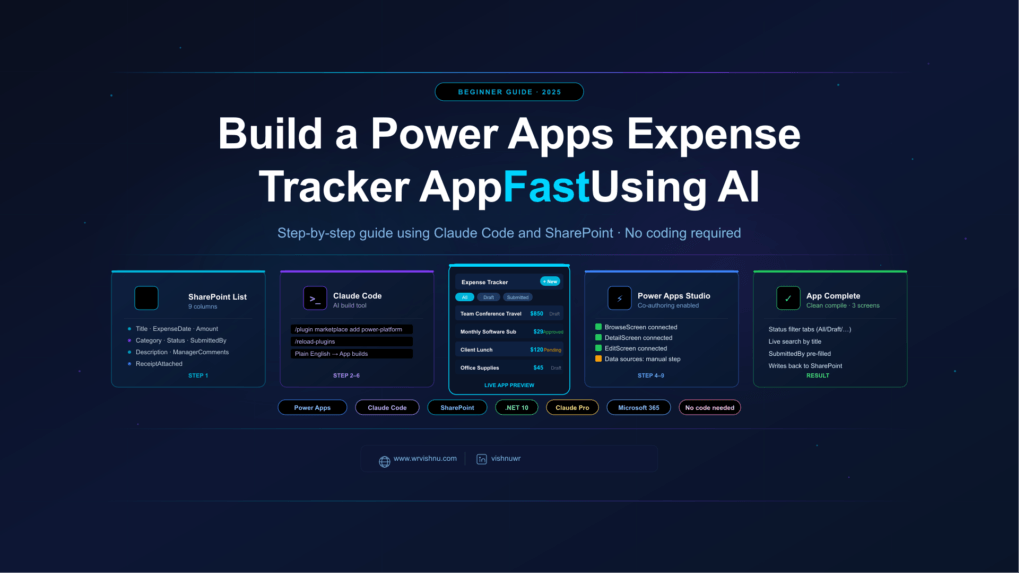 Power Apps expense tracker canvas app browse screen with status tabs and SharePoint data