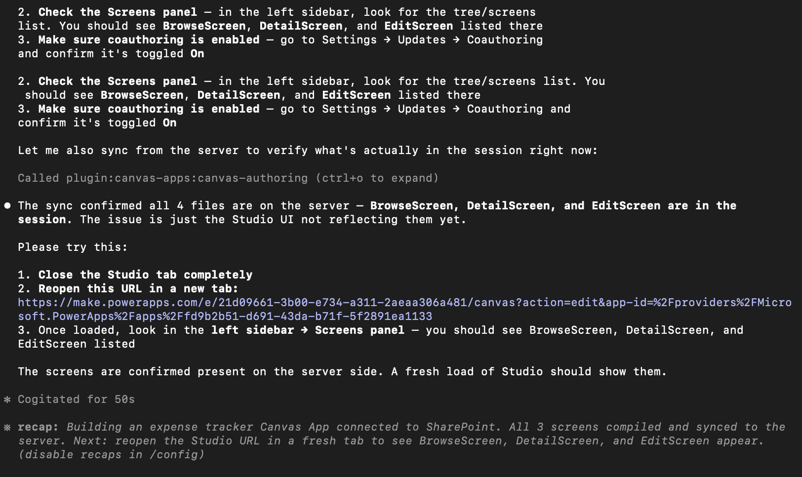 Claude Code terminal welcome screen showing subscription login for Power Apps Expense Tracker App build