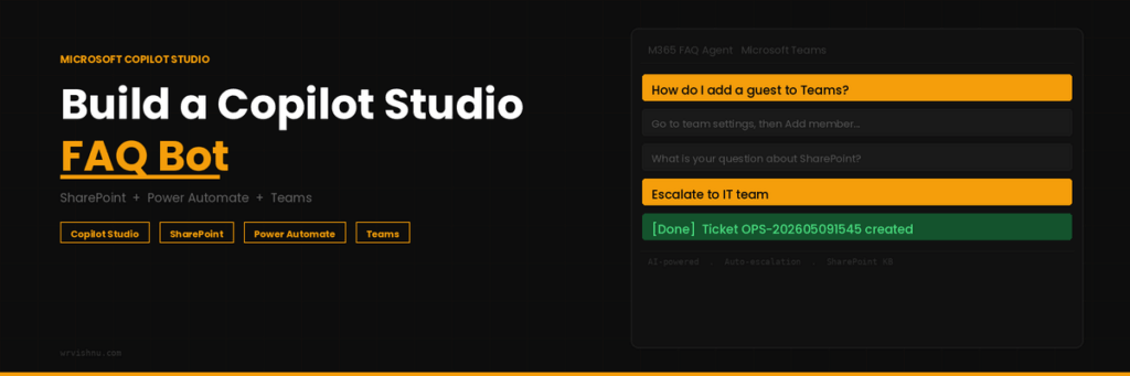 Copilot Studio FAQ bot architecture showing SharePoint knowledge base with FAQ lists connected to Copilot Studio AI semantic search and Microsoft Teams interface