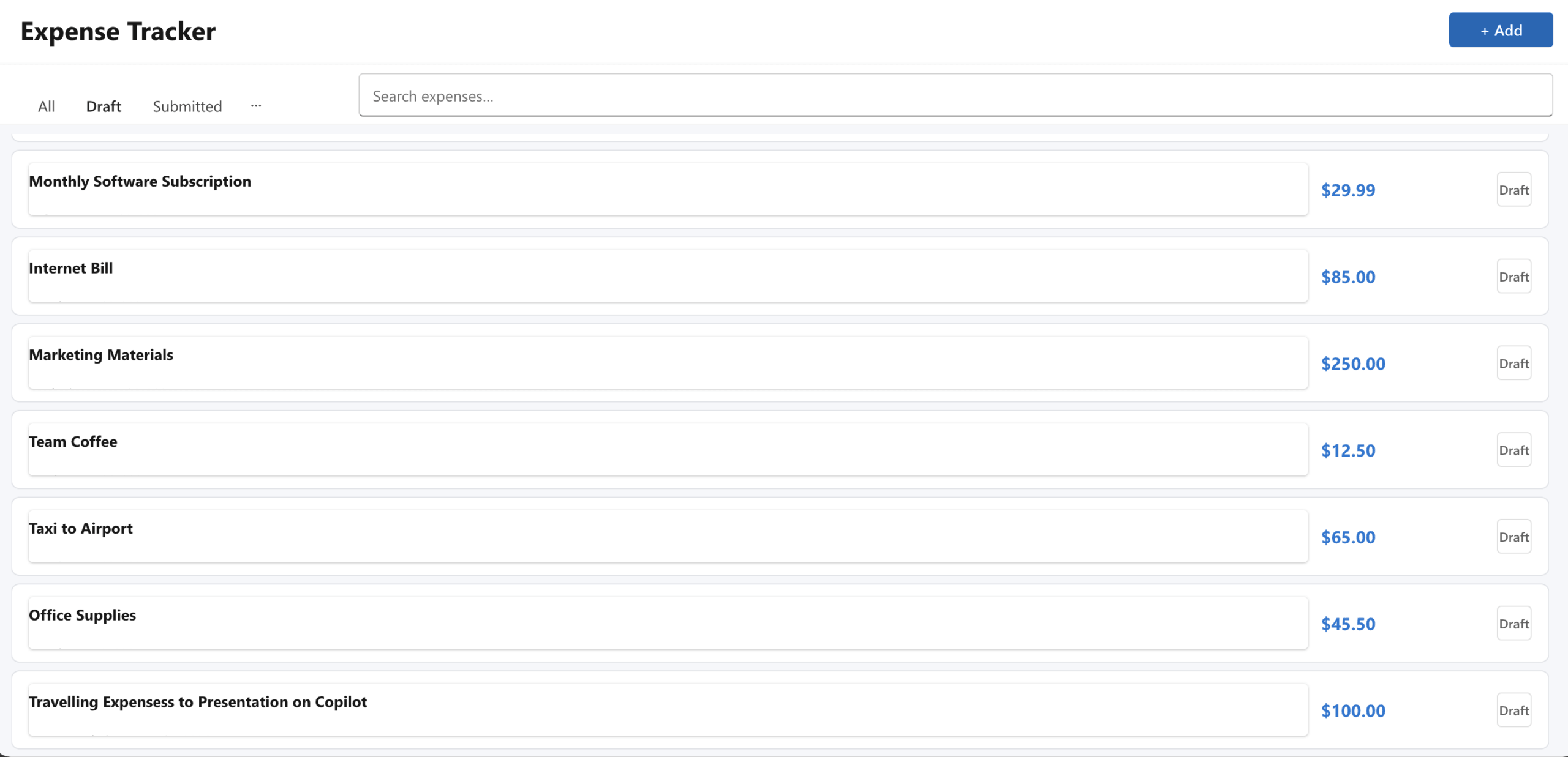 Power Apps Expense Tracker App browse screen with Draft filter and search bar active showing SharePoint data