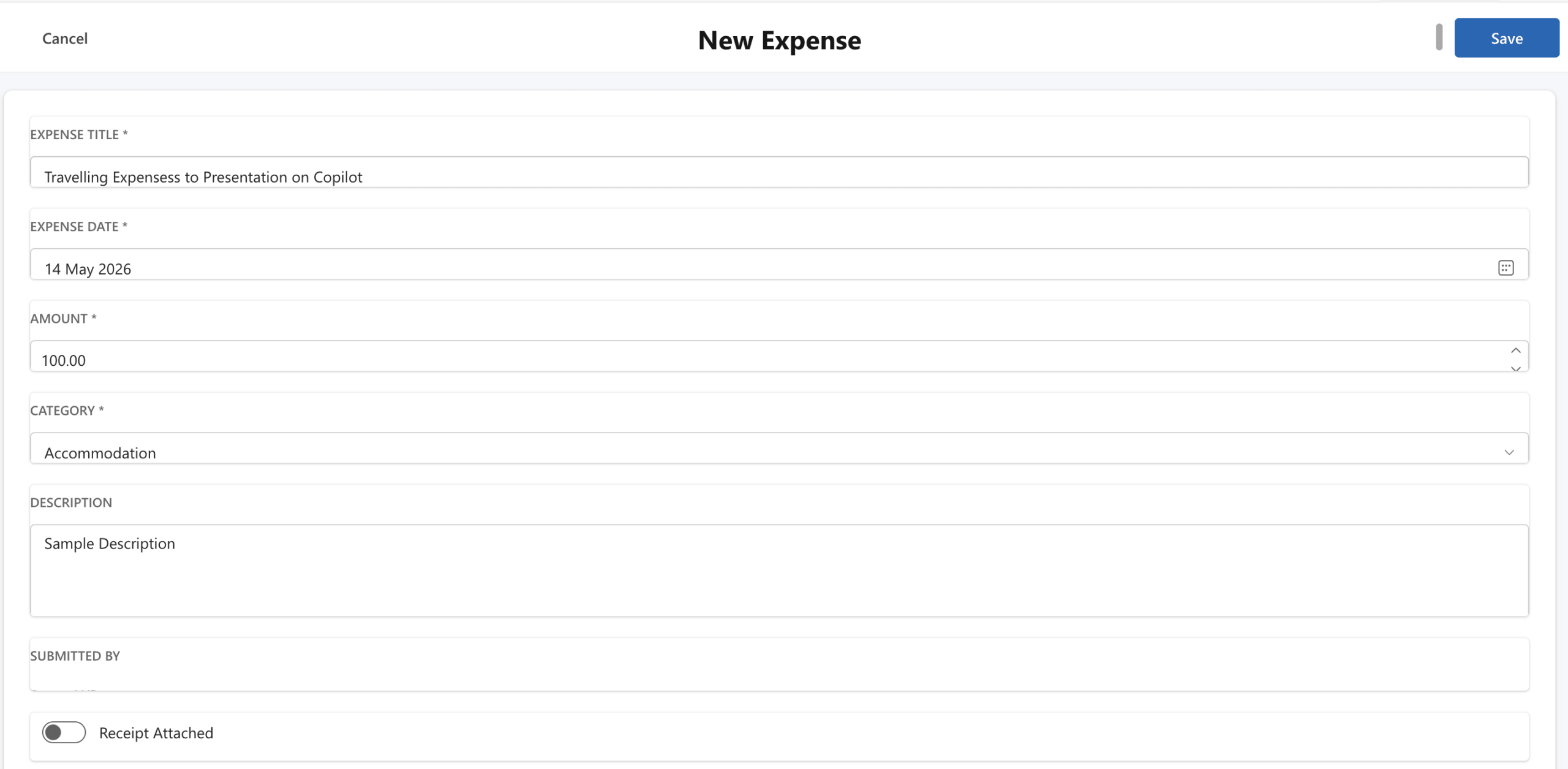 Power Apps Expense Tracker App new expense form with Category dropdown and Receipt Attached toggle