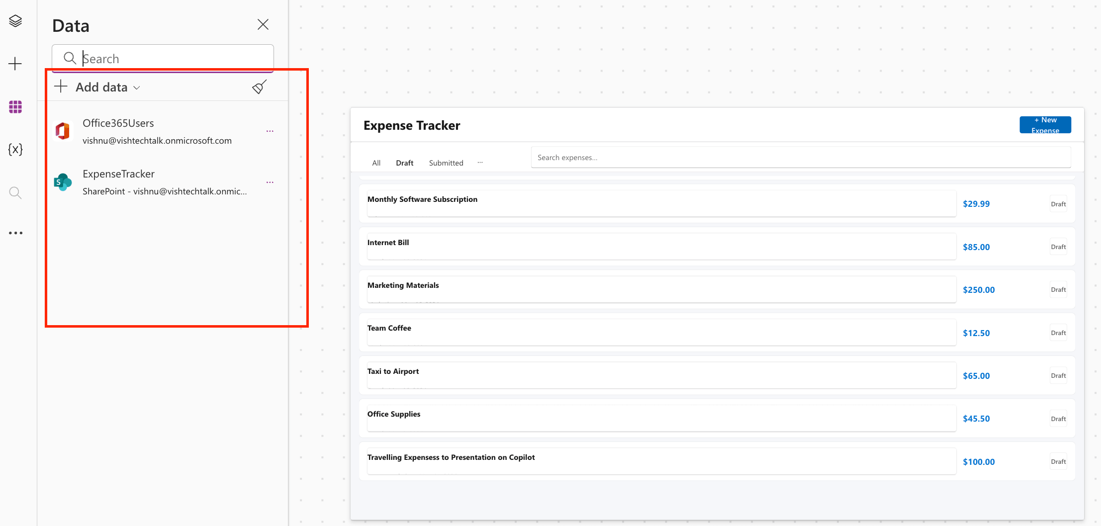 Power Apps Studio data panel adding SharePoint and Office 365 Users for Power Apps Expense Tracker App